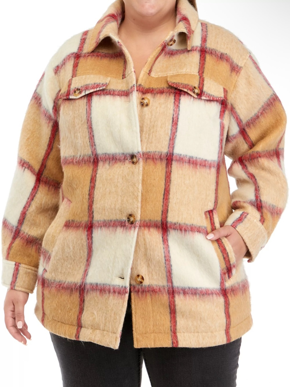 Wonderly Plaid Teddy Jacket in Beige, White and Red